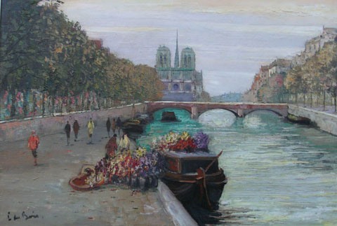 Flower sellers on the banks of the Seinne, Notre Dame and Paris beyond.