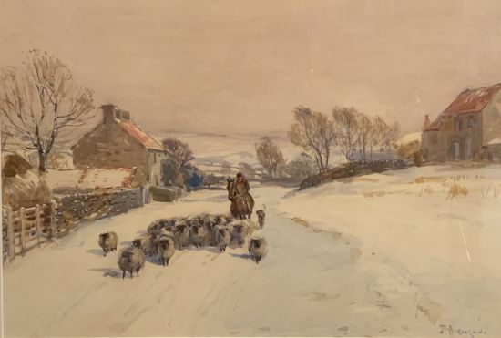 A Shepherd leading his flock in the snow