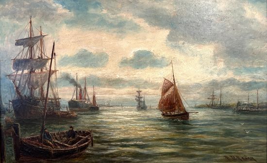 Creel boat and sailing ships on the Tyne
