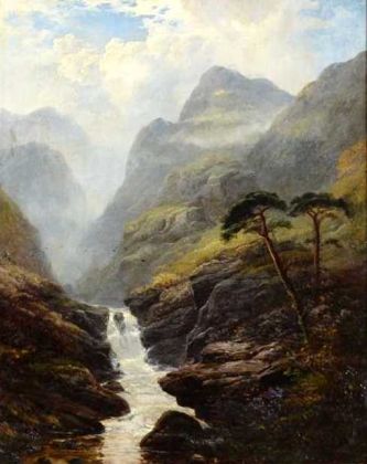 Misty Scottish Highland Scene with Waterfall