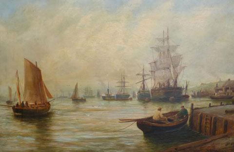 Sailing ships moored on the Tyne