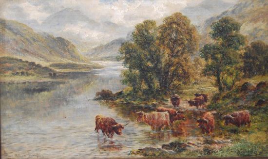 Highland Cattle before a Loch