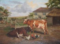 Cattle and Chickens in a Farmyard