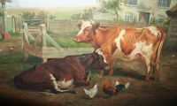 Cattle and Chickens in a Farmyard