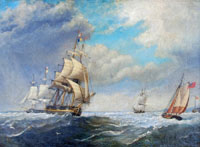 Frigate and Merchantmen off harbour