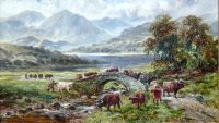 Droving highland cattle over a bridge