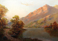 A Shepherd leading his flock by a loch